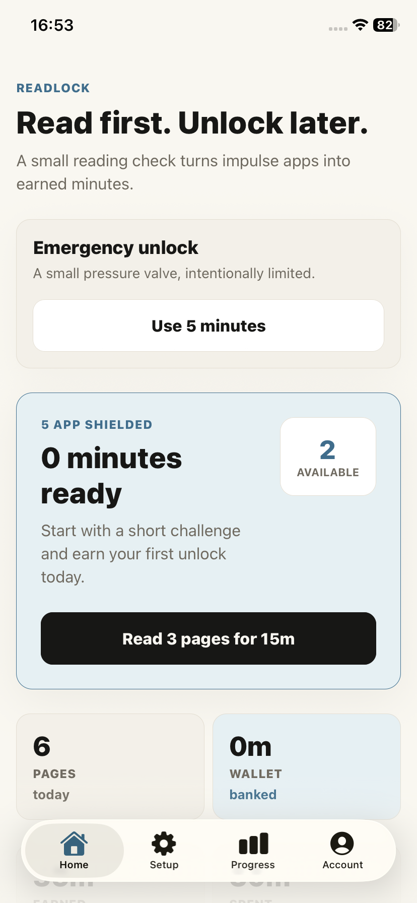ReadLock Home screen showing the read-first unlock flow